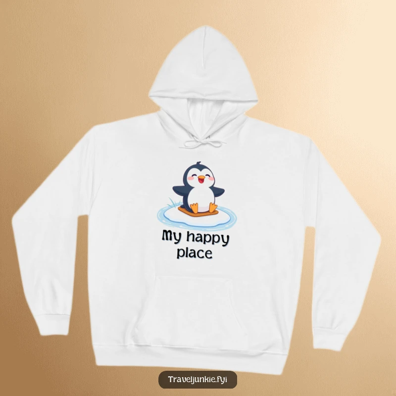 Funny hoodie featuring a joyful penguin character mid-slide on a frozen lake, bringing warmth and humor.