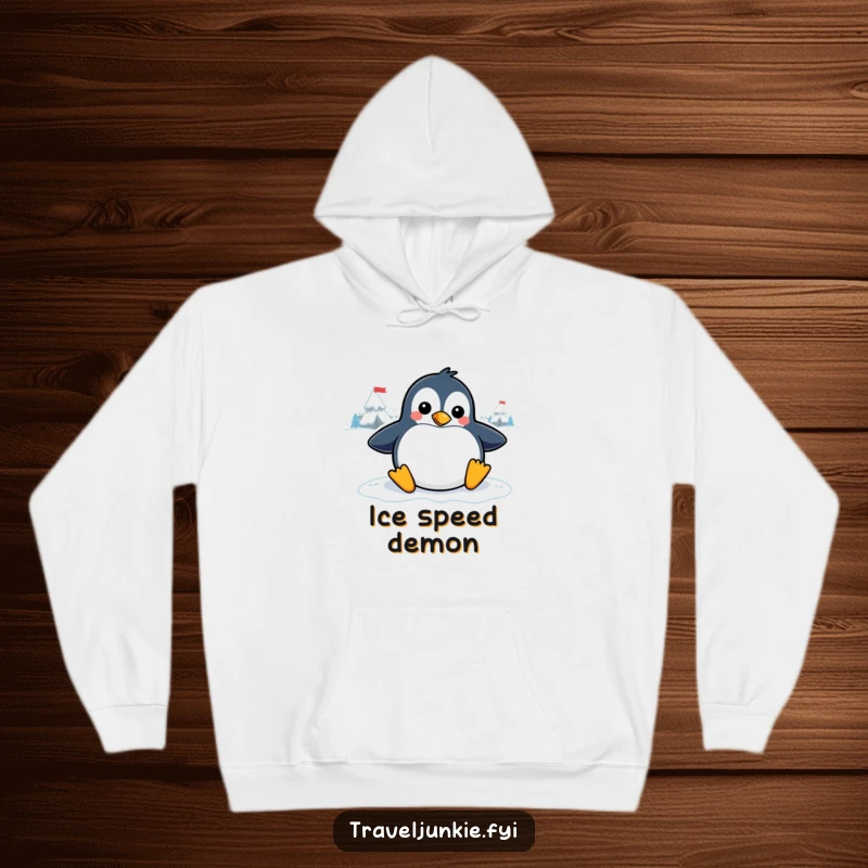 Funny penguin hoodie featuring a playful character sliding on an icy graphic, designed for warmth and humorous winter enjoyment.
