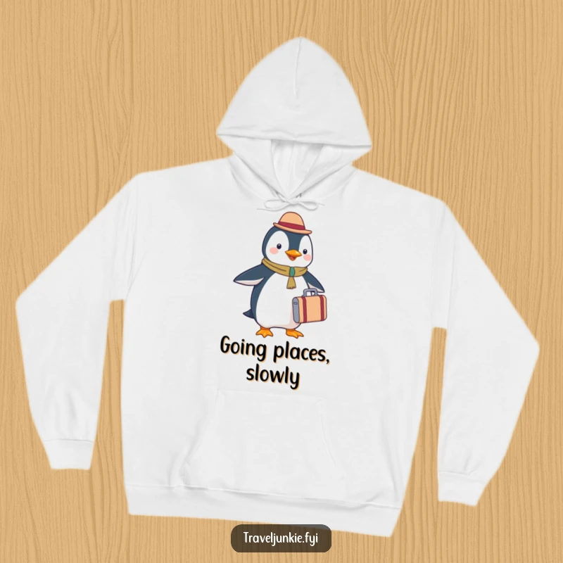 Funny penguin tourist hoodie, holding a tiny suitcase, comfortable and warm, perfect for cold climates.