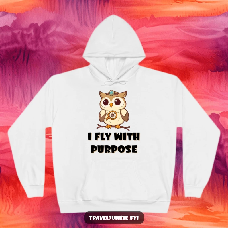 Funny Owl Navigator Hoodie: A determined owl clutching a compass, ready to navigate through anything, a cozy and funny apparel choice.