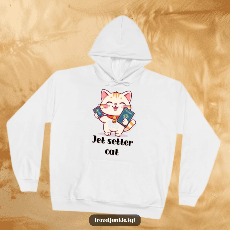 Funny cat holding passport and ticket, ready to board, cozy hoodie, perfect funny gift for travelers.