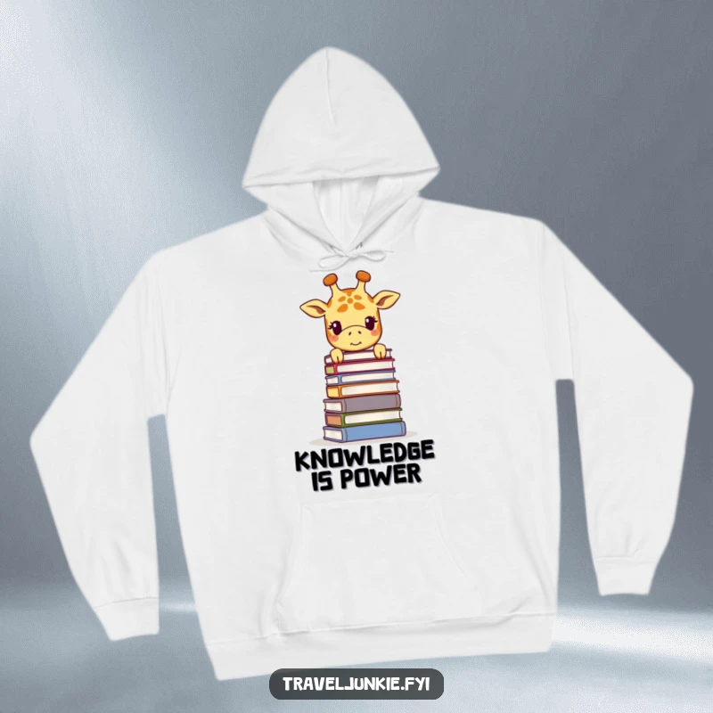 Funny giraffe hoodie, a smiling giraffe peering over a huge stack of books, designed for cozy reading and intellectual pursuits.