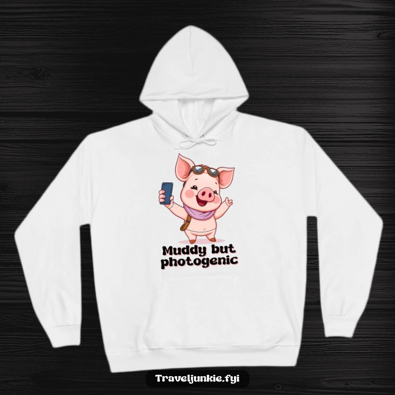 Funny Hoodie: A giggling piglet tourist takes a selfie, embodying playful travel and humor.
