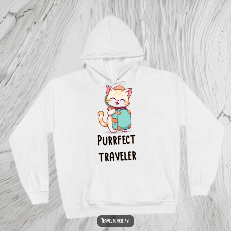 Funny hoodie with a playful cat character eagerly packing a travel bag, embodying travel readiness.