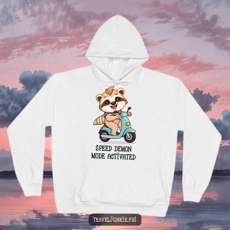 Funny, smiling sloth character on a scooter, depicted on a warm hoodie, showcasing surprising speed and fun.