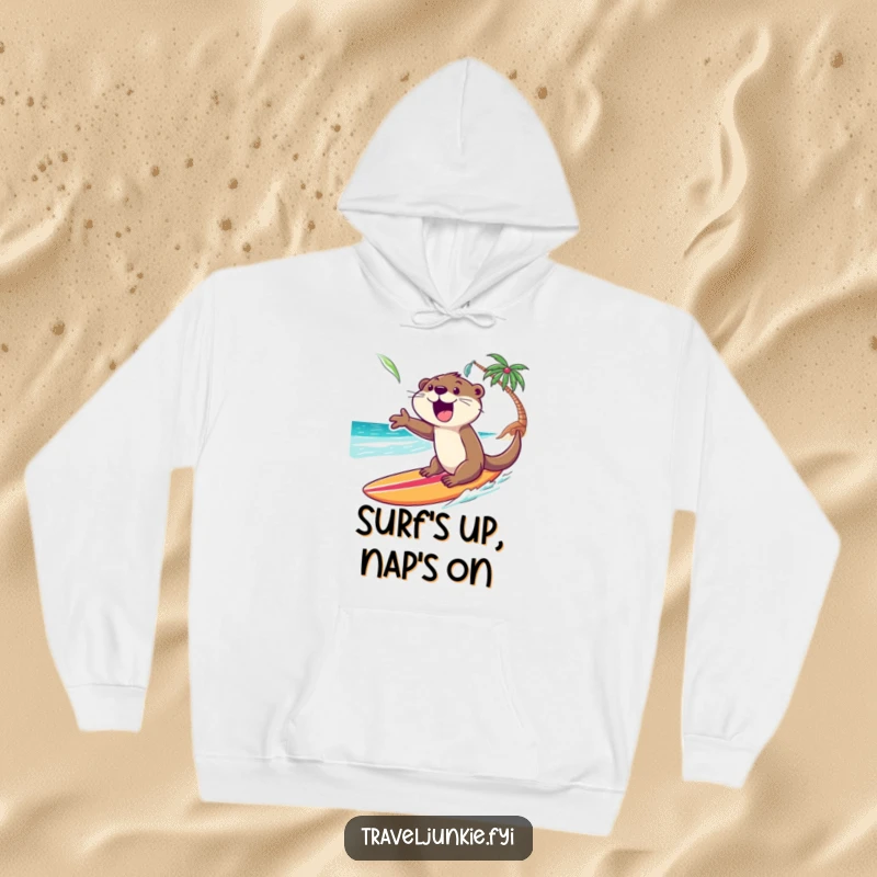 Funny Otter Hoodie: An excited otter gleefully surfs towards a tropical shore, providing warmth and beachy fun.