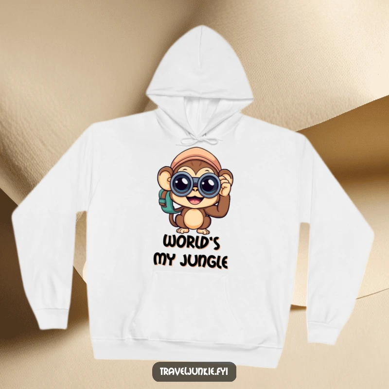 Funny Monkey Traveler Hoodie: A warm, cozy hoodie with a curious monkey peering through binoculars, ideal for a funny gift.