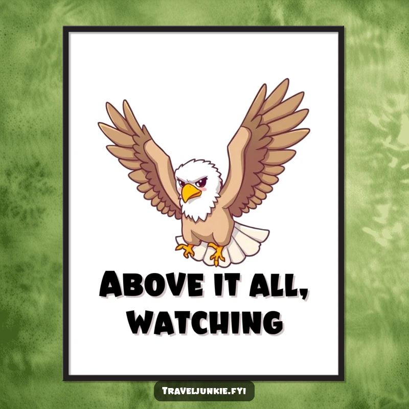 Funny free printable wall art of a soaring eagle traveler looking down from above, symbolizing perspective and freedom.