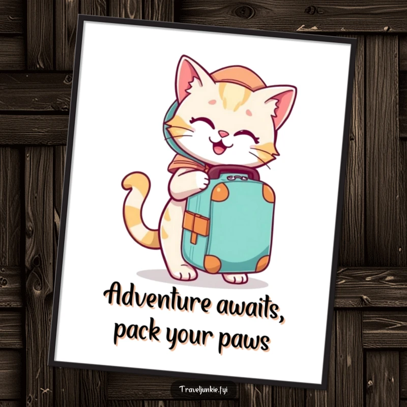 Funny Free Printable Wall Art: Playful cartoon cat eagerly packing a travel bag, a humorous piece for adventurers.