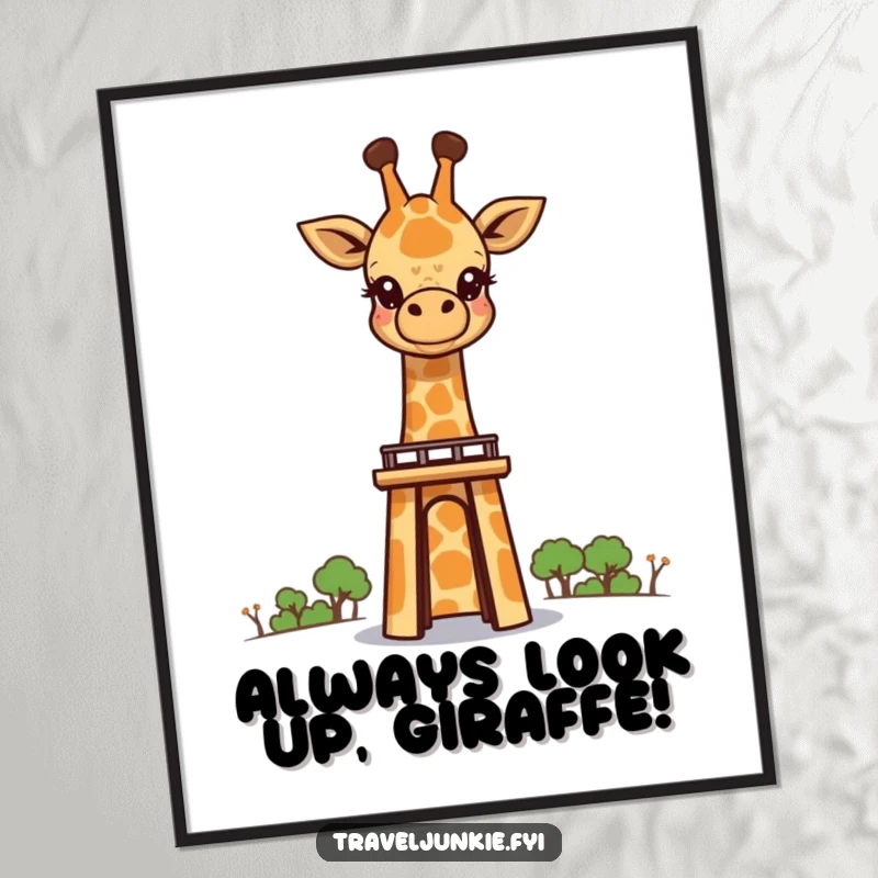 Free Printable Wall Art: A curious giraffe peeks over a majestic landmark, eyes wide with awe, creating a sense of wonder. Downloadable art.