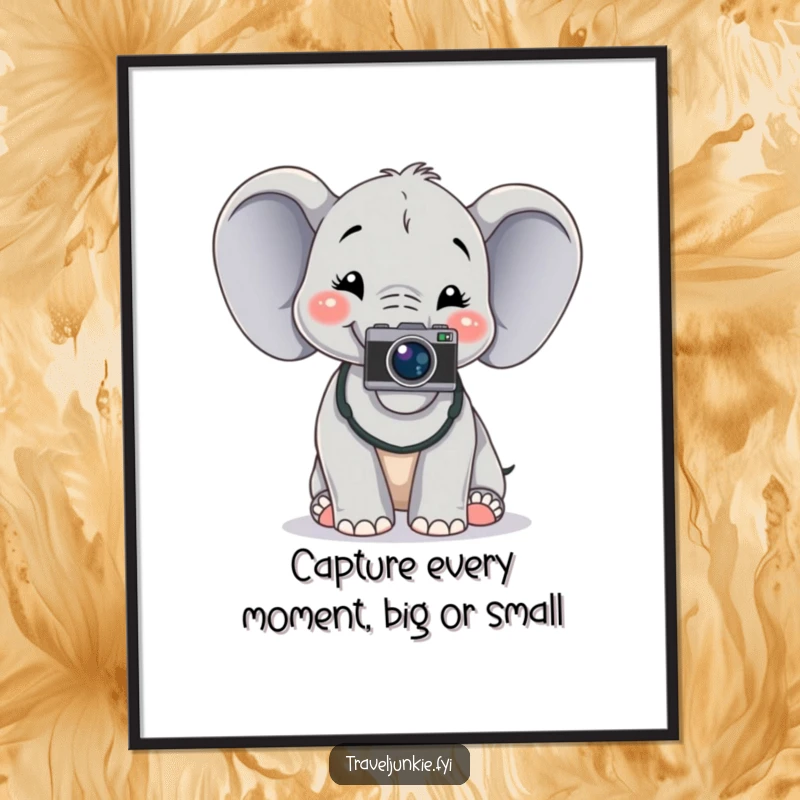 Funny Free Printable wall art of a cheerful elephant with a camera around its neck posing for a photo, looking artistic.