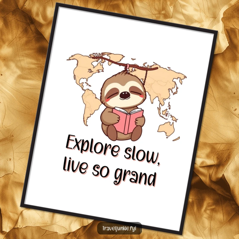 Funny Free Printable Wall Art: Sleepy sloth dangling from a world map, holding a travel journal, dreaming of faraway places.
