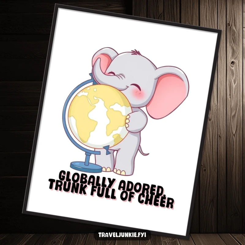 Funny Free Printable Elephant Globe Wall Art, a cheerful elephant poses by a world globe, inspiring adventure and curiosity, downloadable.