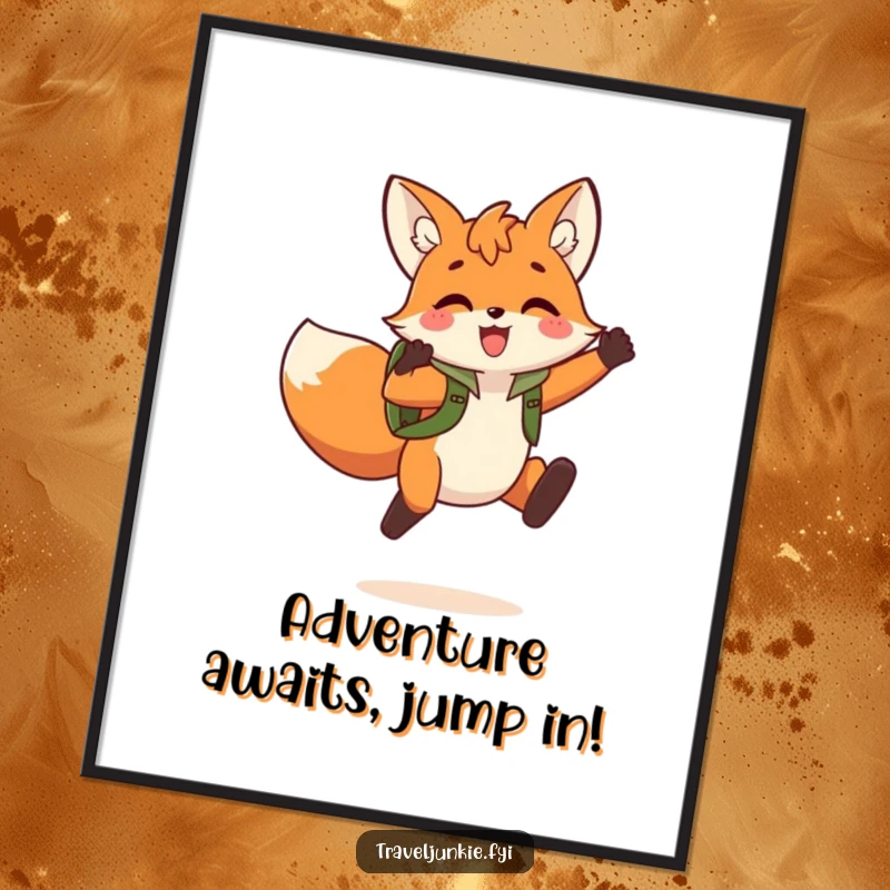 Funny Free Printable Wall Art of a fox with a backpack, captured mid-jump in a moment of pure, playful triumph.