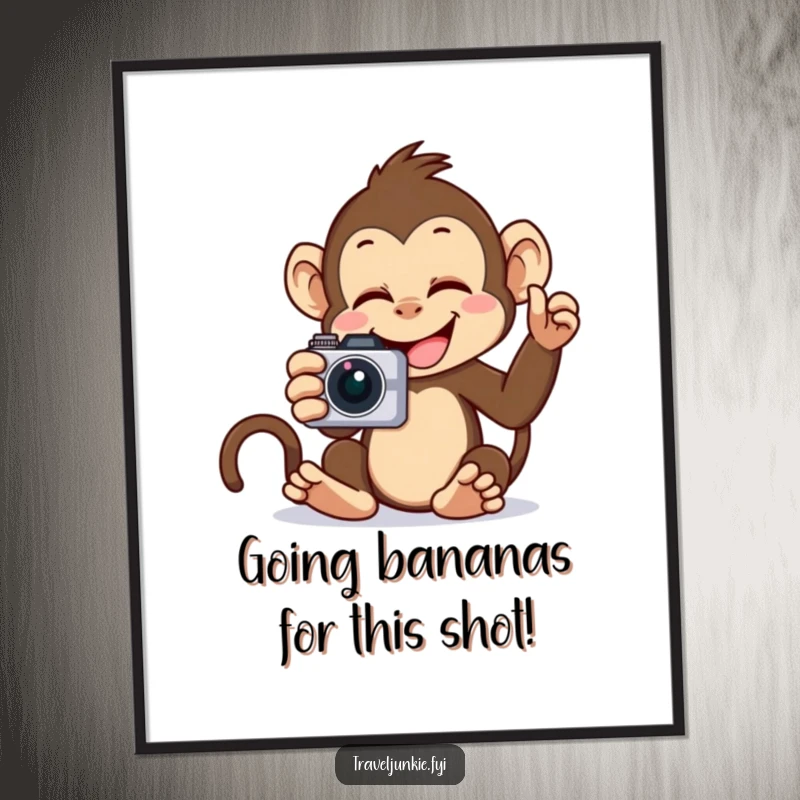 Funny Free Printable Monkey Selfie Wall Art, a giggling monkey captures a humorous selfie with a camera, adding playful vibes, downloadable.