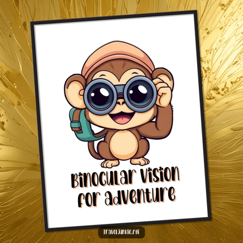 Funny Free Printable Wall Art: Curious monkey traveler peeking through binoculars. Hilarious downloadable home decor.