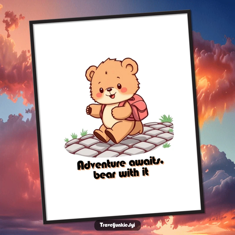 Funny Free Printable Wall Art depicting a fluffy bear cub with a backpack skipping merrily on a cobblestone path.