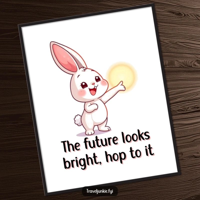 Funny Free Printable Wall Art showing a smiling bunny character excitedly pointing towards a distant, shimmering horizon, embodying hope.