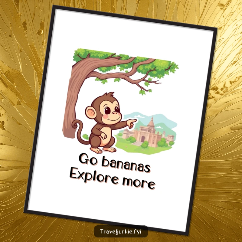 Funny Free Printable Wall Art: Curious monkey pointing with an outstretched finger at a distant, impressive landmark.