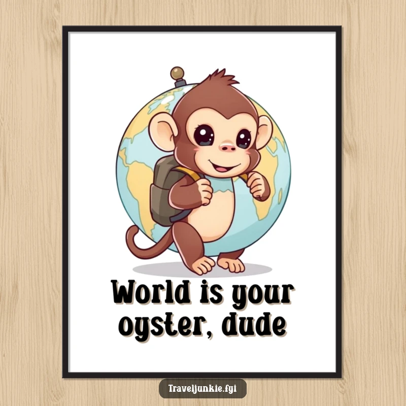 Funny free printable wall art: a curious monkey wearing a backpack peeks out from behind a large world globe.