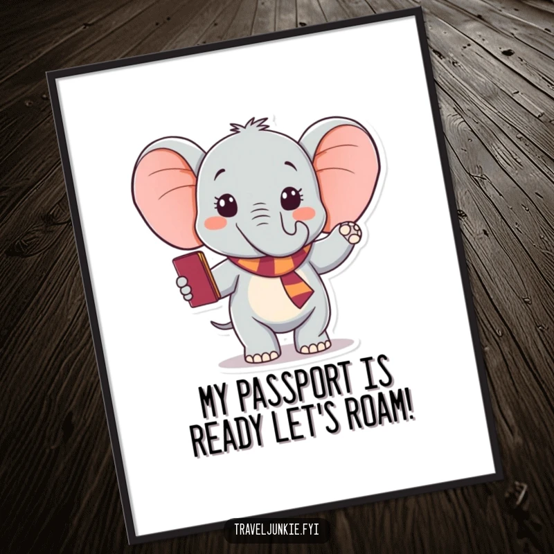 Funny Free Printable Wall Art: Excited elephant holding passport, waving goodbye, symbolizing the start of a grand adventure.