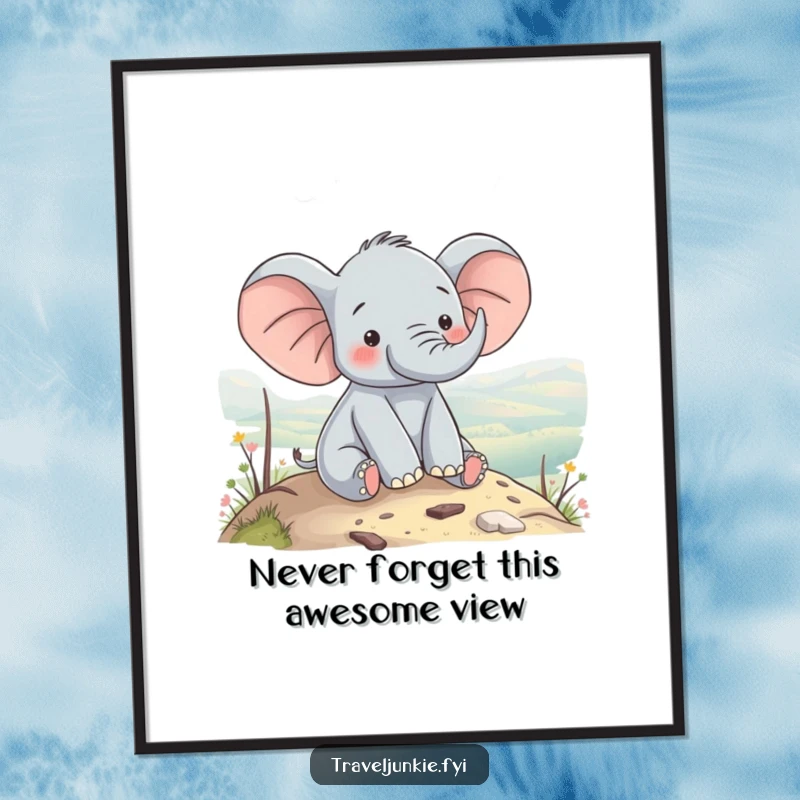 Funny Free Printable Elephant Wall Art: Content elephant enjoys a scenic hilltop view, radiating peace and humor.