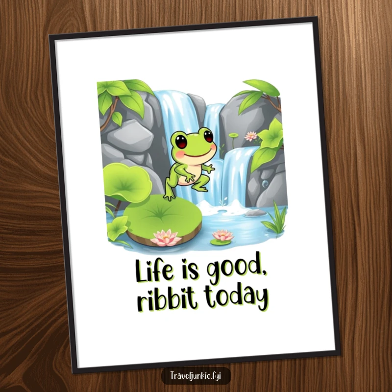 Funny Free Printable Frog Wall Art: Lively frog hops onto a lily pad near a waterfall, creating a cheerful scene.