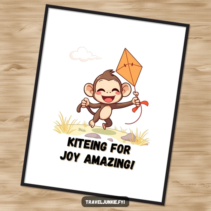 Funny Free Printable Wall Art: Giggling monkey comically attempting to fly a kite on a windy day, bringing playful energy indoors.
