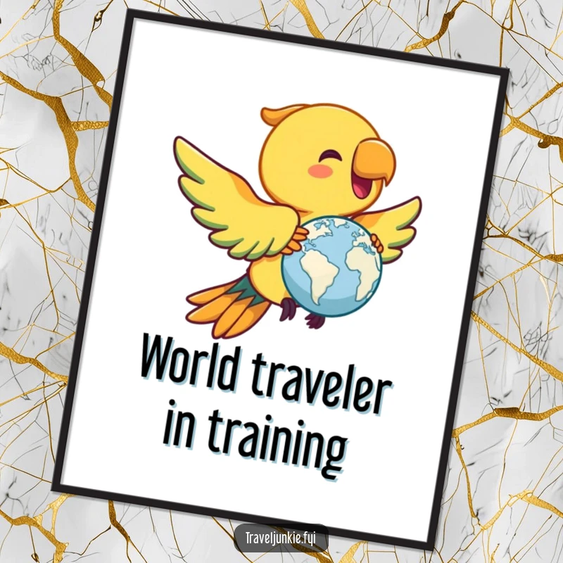 Funny Free Printable Wall Art: Joyful parrot flying with a miniature globe, bringing a sense of wonder and travel.
