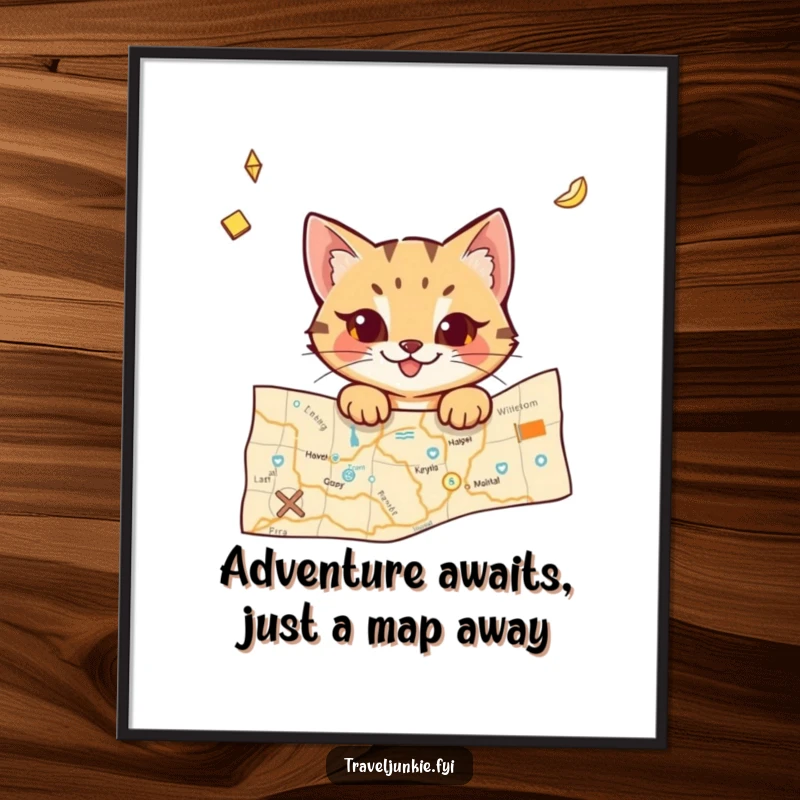 Funny Free Printable Wall Art: A sly cat peeking from behind a vintage-style world map with pins.