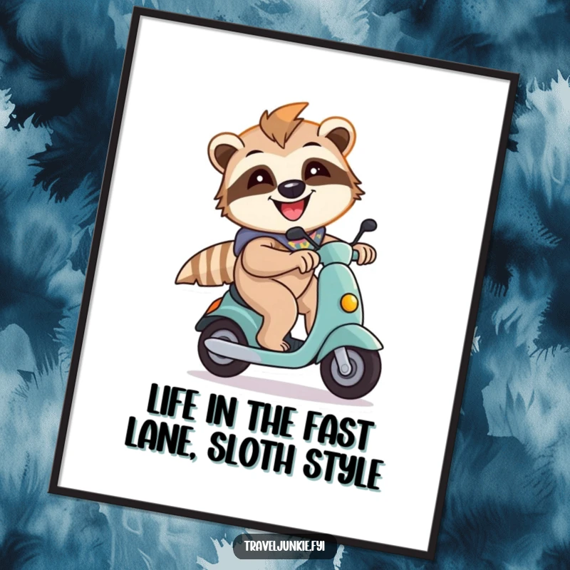 Funny Free Printable Wall Art: An energetic sloth smiles widely while speeding on a scooter, bringing humor and speed to your decor. Downloadable art.