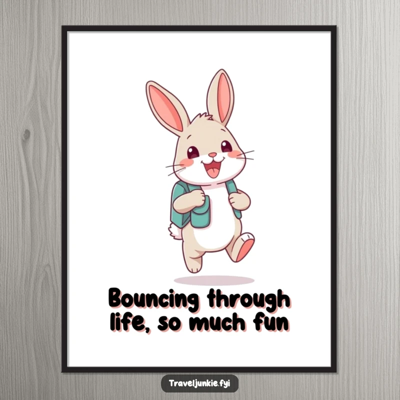 Funny Free Printable Wall Art: Excited bunny with a tiny backpack and a wide grin, bouncing towards adventure.
