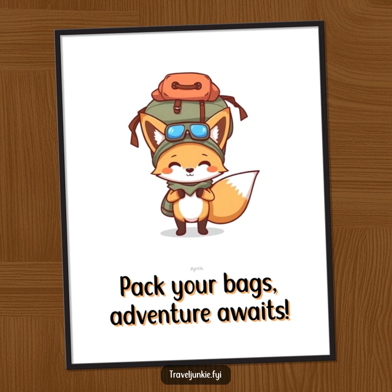 Funny Free Printable Wall Art: Determined fox balancing a ridiculously overflowing travel bag on its head, a humorous statement piece.