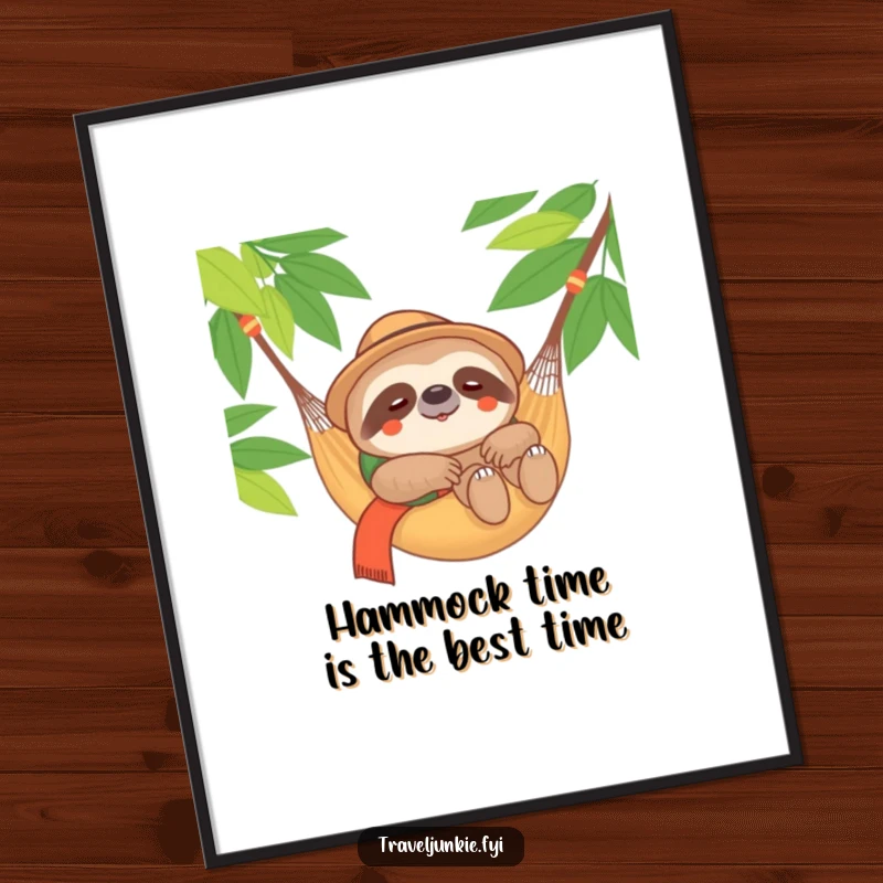 Funny Free Printable Wall Art: Content sloth traveler relaxing in a hammock. A calm and downloadable decor piece.