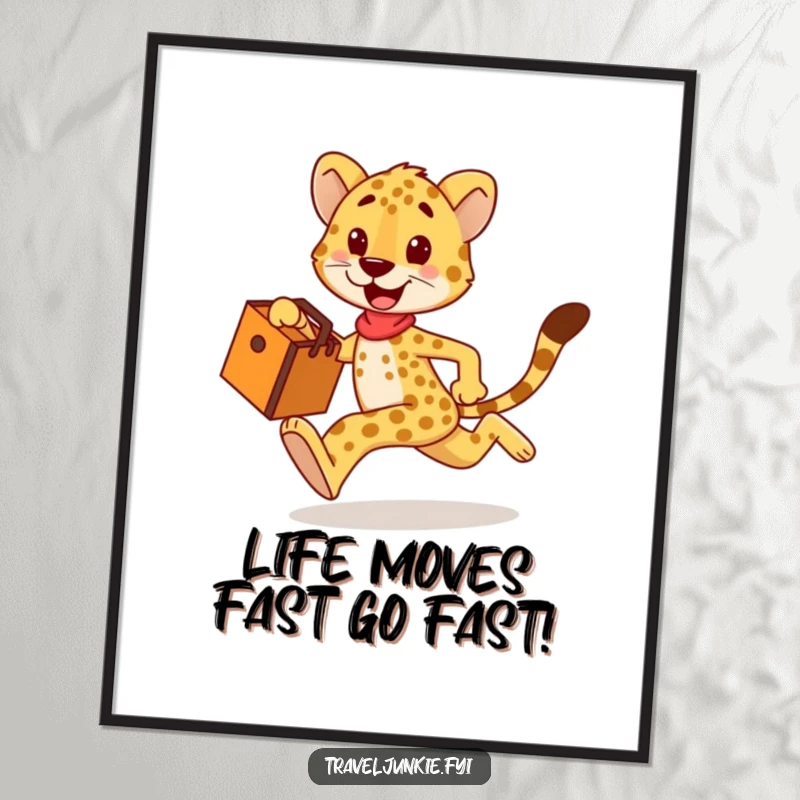 Funny Free Printable Wall Art: Happy cheetah sprinting with a travel bag, inspiring action and speed.