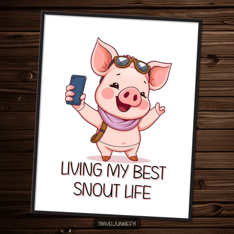 Funny free printable wall art of a giggling piglet tourist enthusiastically taking a selfie, full of joy.