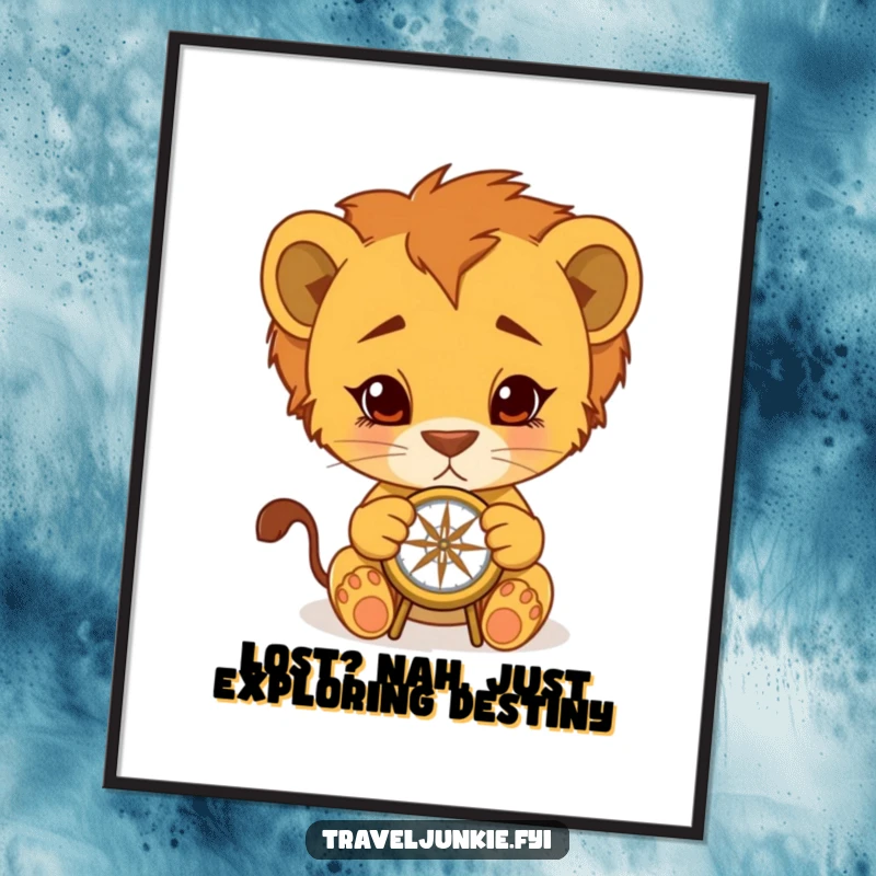 Funny Free Printable Wall Art: A determined lion cub examines a compass, ready for adventure. Whimsical explorer decor for any room.