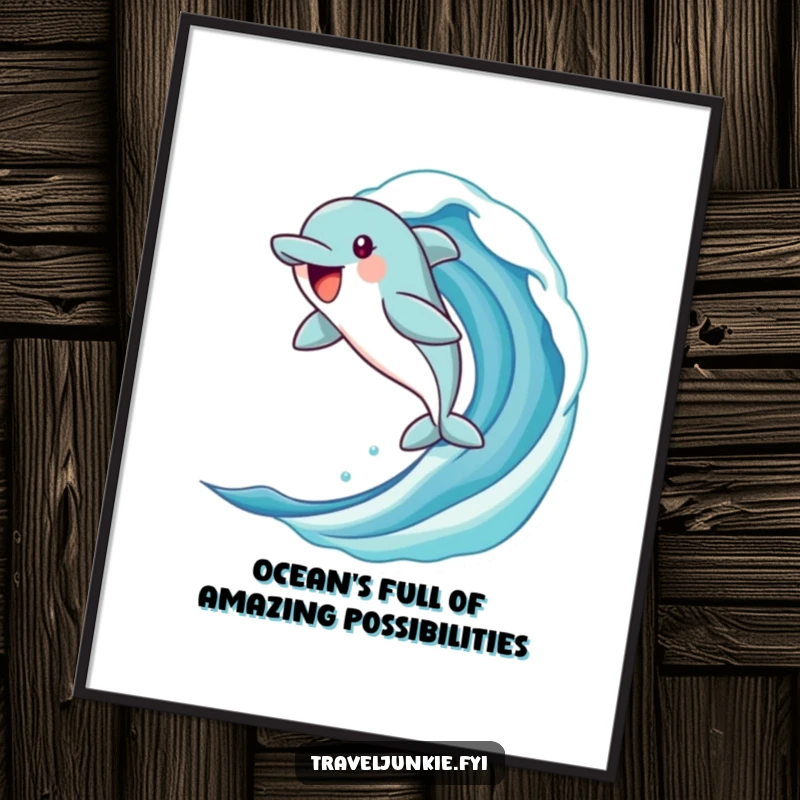 Funny Free Printable Wall Art: An ecstatic dolphin leaping high out of a stylized, energetic ocean wave.