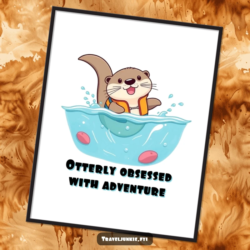 Funny Free Printable Wall Art: Adventurous otter in life vest comically diving into a tiny ocean, humorous, downloadable aquatic art.