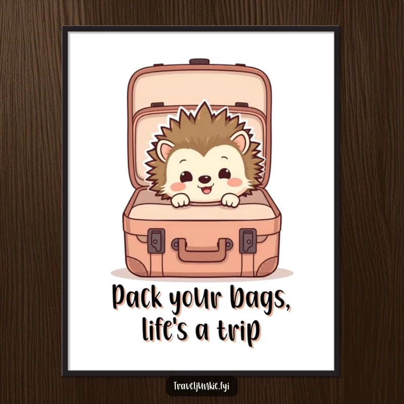 Funny Free Printable Wall Art showing a curious hedgehog peering into a large, open suitcase filled with possibilities.