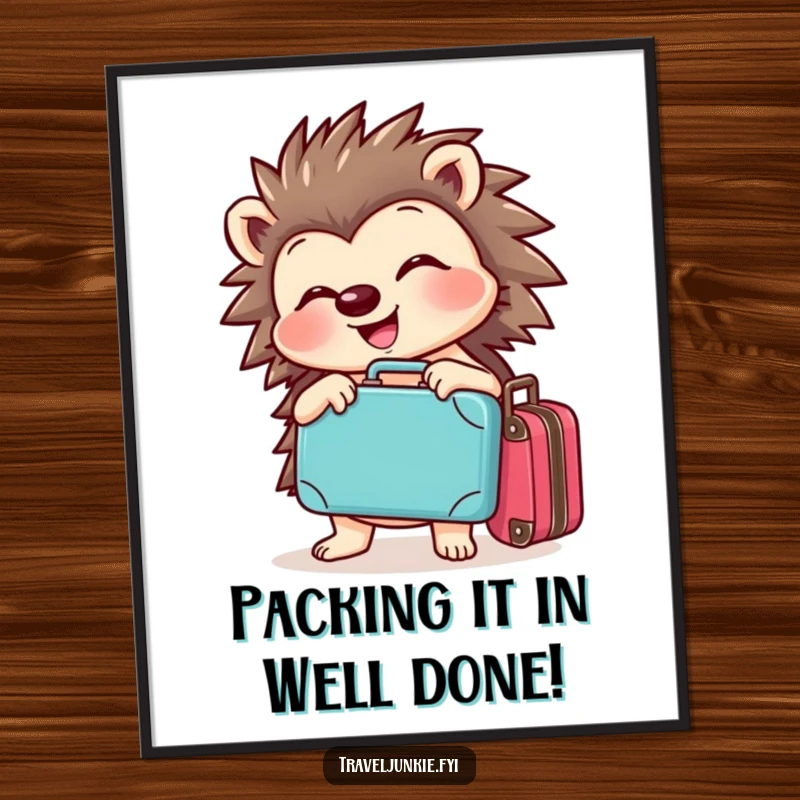 Funny Free Printable Wall Art: Cheerful hedgehog joyfully posing with a tiny suitcase, inspiring fun travels and adventures.