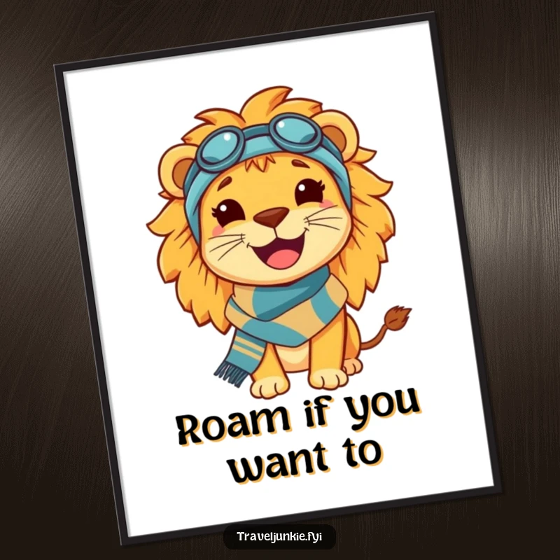 Funny Free Printable Wall Art of a happy lion wearing a travel scarf, smiling widely with an adventurous and welcoming expression.