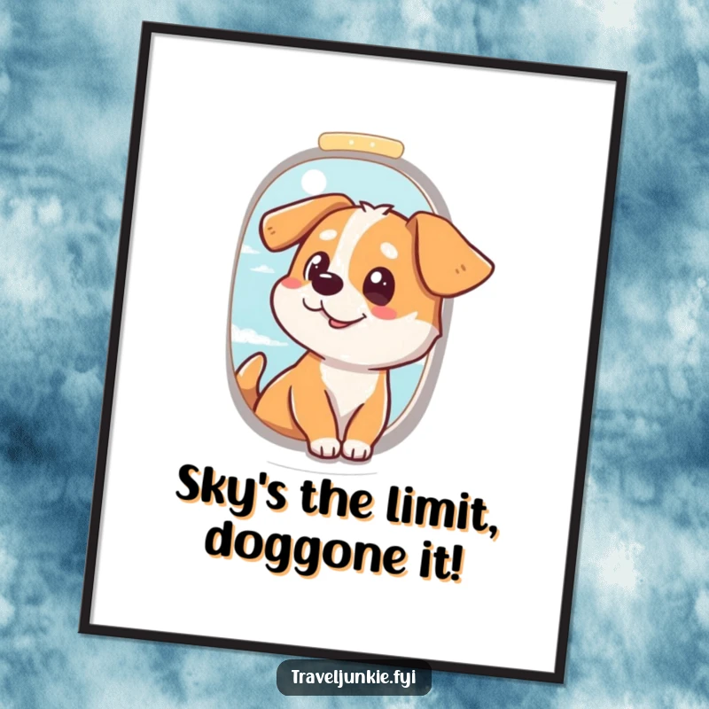 Funny Free Printable Wall Art: A curious dog gazes excitedly out an airplane window, capturing the thrill of travel and adventure.