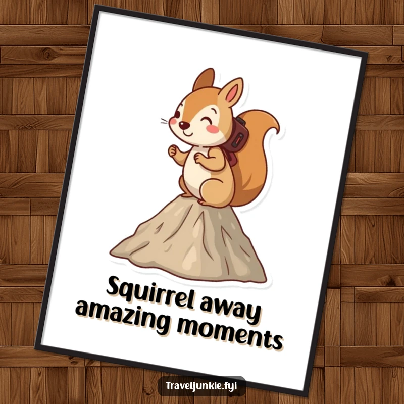Funny Free Printable Wall Art: Adventurous squirrel hiking up a small mountain, energetic downloadable decor.