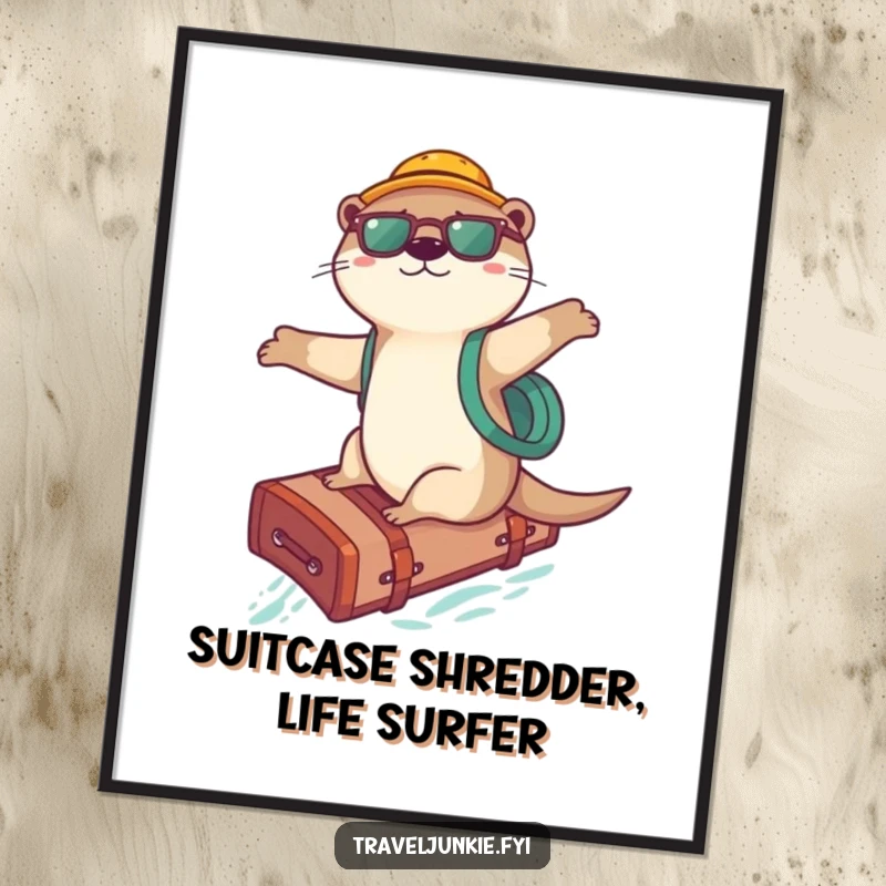 Funny Free Printable Wall Art: Playful otter adventurer surfing on a suitcase. A cool and downloadable decor piece.