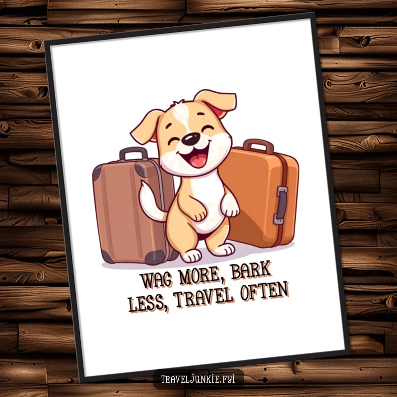 Funny Free Printable Wall Art: A happy dog with a wagging tail looks excitedly at a travel suitcase, ready to go.