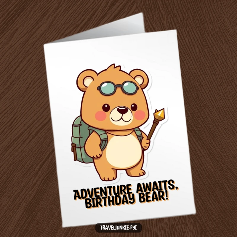 Funny Free Printable Birthday Card: Determined bear with backpack and compass sets off on a birthday quest.
