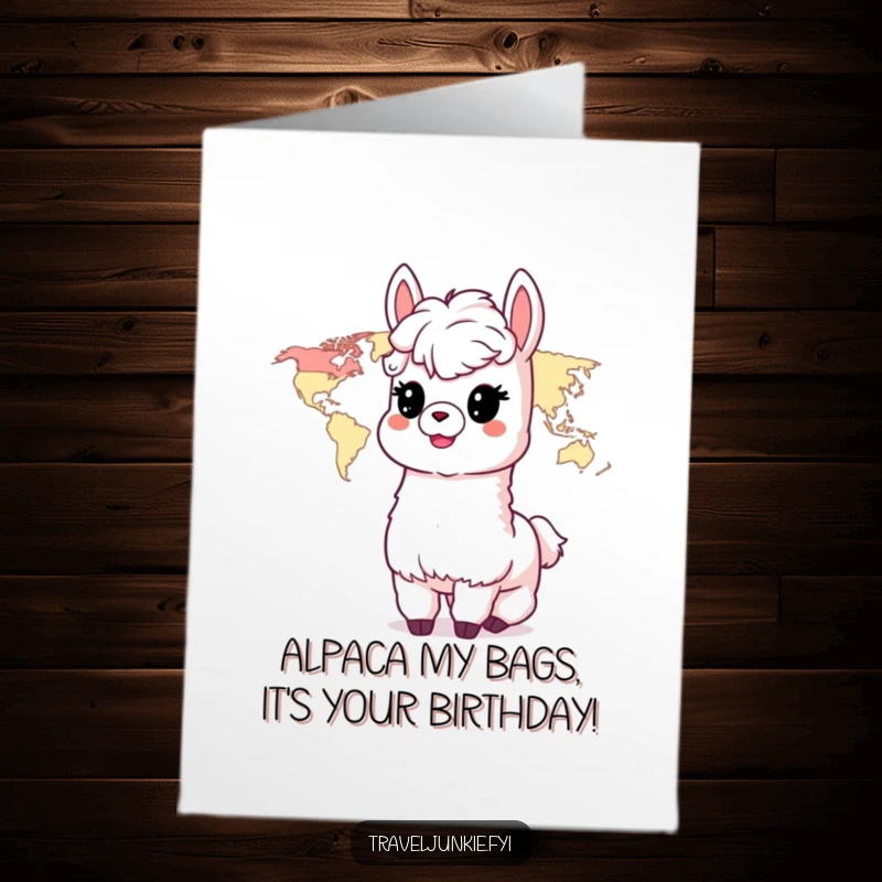 Funny free printable birthday card featuring a delighted alpaca gazing at a world map, dreaming of adventure.
