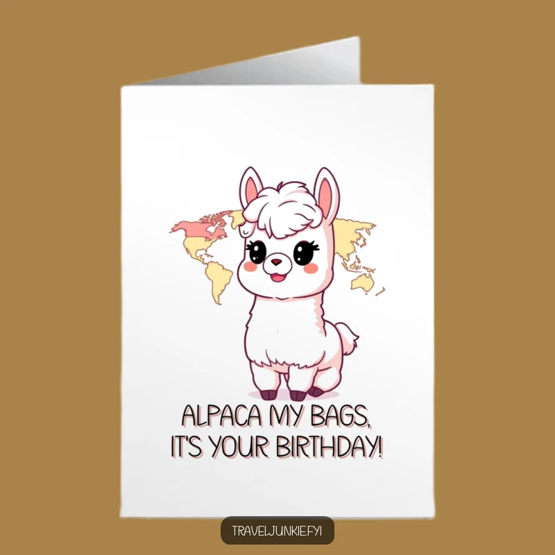 Free Printable Alpaca World Map Birthday Card: Funny Downloadable Gift for Travel Lovers
