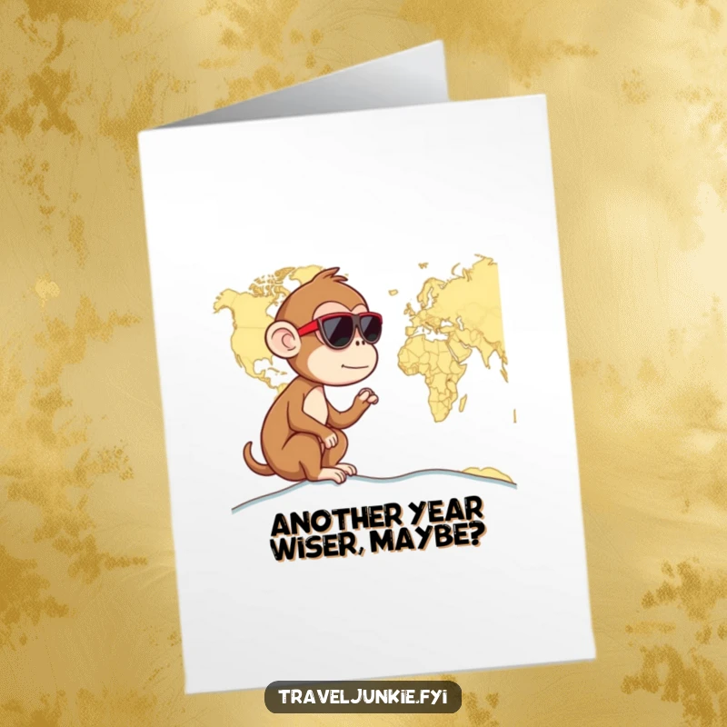 Funny Free Printable birthday card of a curious monkey wearing sunglasses looking at a world map, planning travels.